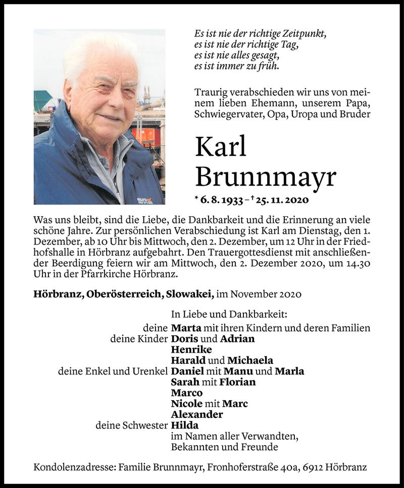 Todesanzeige für Karl Brunnmayr vom 27.11.2020 aus Vorarlberger Nachrichten