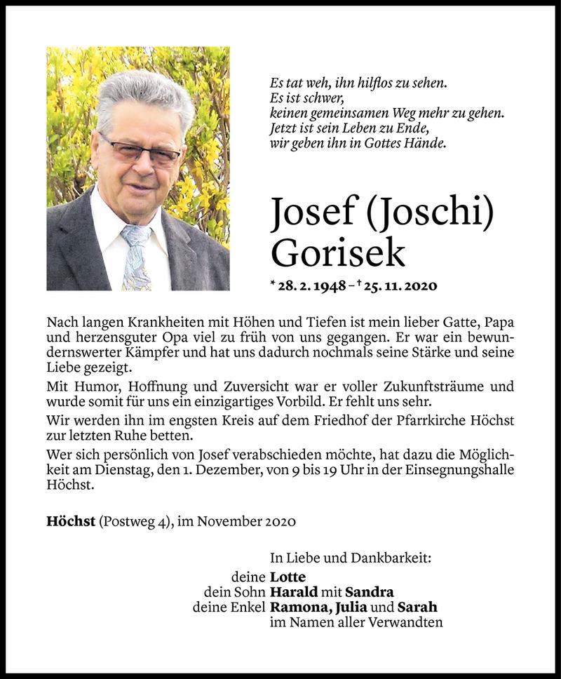  Todesanzeige für Josef Gorisek vom 27.11.2020 aus Vorarlberger Nachrichten