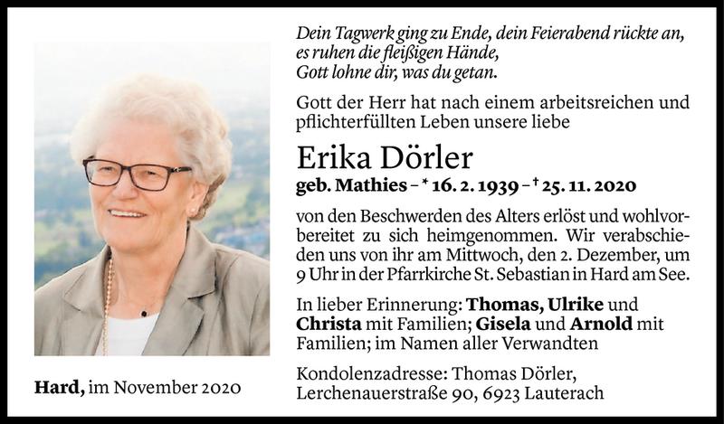  Todesanzeige für Erika Dörler vom 27.11.2020 aus Vorarlberger Nachrichten