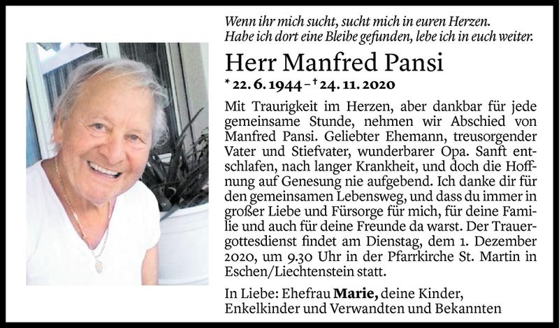  Todesanzeige für Manfred Pansi vom 28.11.2020 aus Vorarlberger Nachrichten