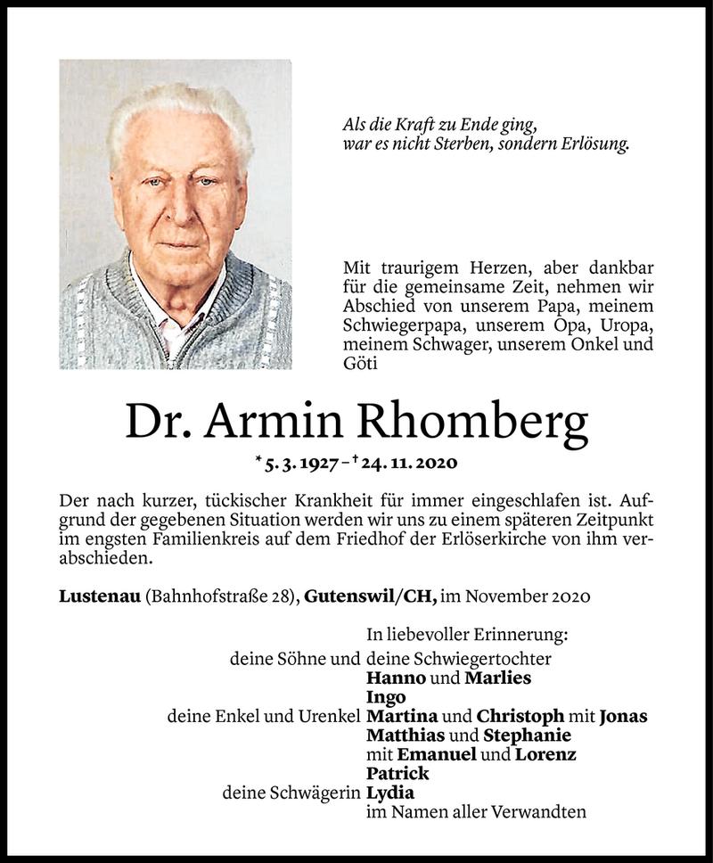  Todesanzeige für Armin Rhomberg vom 30.11.2020 aus Vorarlberger Nachrichten