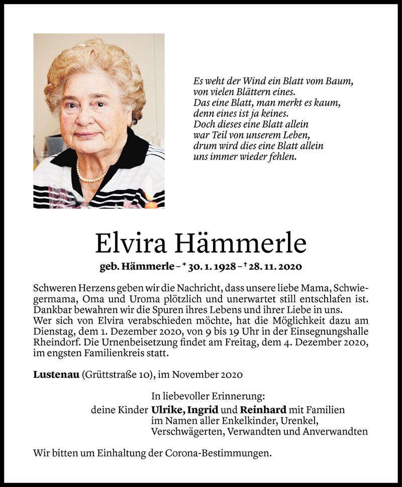  Todesanzeige für Elvira Hämmerle vom 30.11.2020 aus Vorarlberger Nachrichten