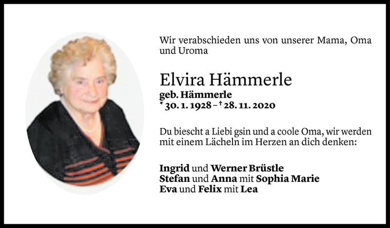  Todesanzeige für Elvira Hämmerle vom 30.11.2020 aus Vorarlberger Nachrichten