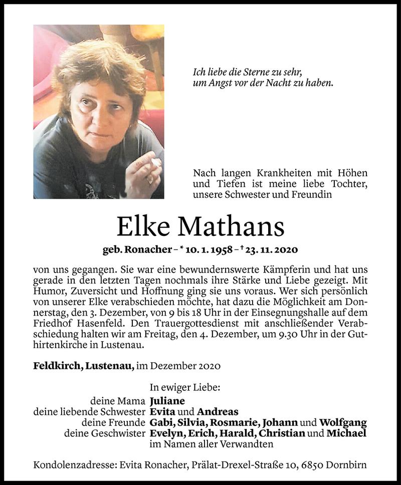  Todesanzeige für Elke Mathans vom 01.12.2020 aus Vorarlberger Nachrichten
