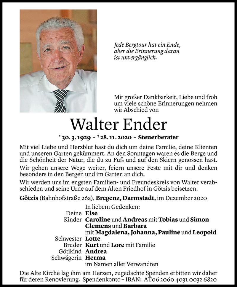  Todesanzeige für Walter Ender vom 01.12.2020 aus Vorarlberger Nachrichten