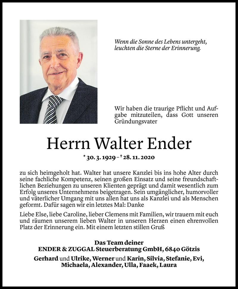 Todesanzeige für Walter Ender vom 01.12.2020 aus Vorarlberger Nachrichten