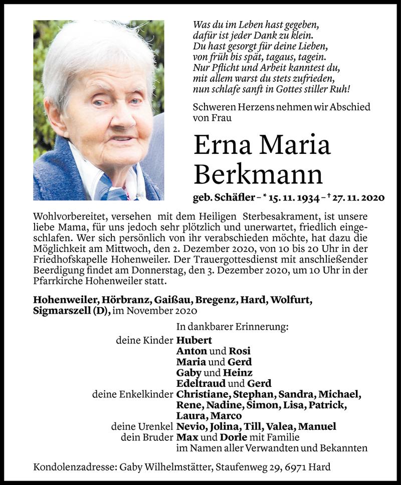  Todesanzeige für Erna Maria Berkmann vom 30.11.2020 aus Vorarlberger Nachrichten