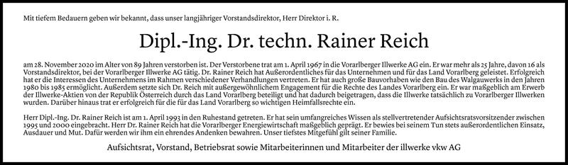  Todesanzeige für Rainer Reich vom 30.11.2020 aus Vorarlberger Nachrichten