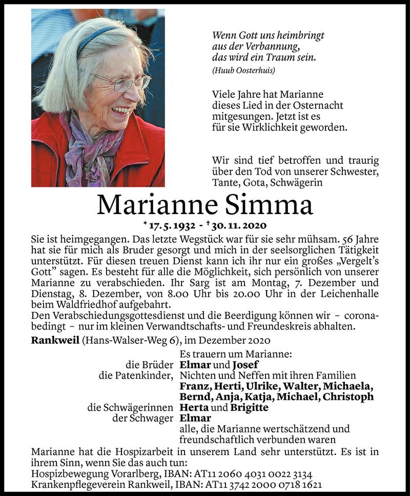  Todesanzeige für Marianne Simma vom 03.12.2020 aus Vorarlberger Nachrichten