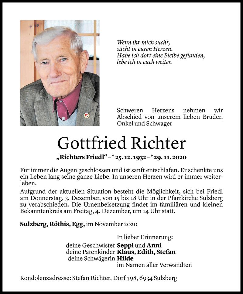  Todesanzeige für Gottfried Richter vom 01.12.2020 aus Vorarlberger Nachrichten