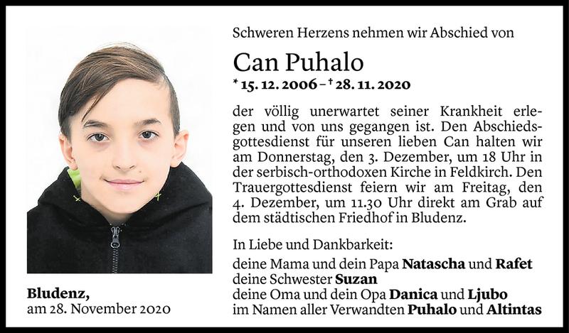  Todesanzeige für Can Puhalo vom 01.12.2020 aus Vorarlberger Nachrichten
