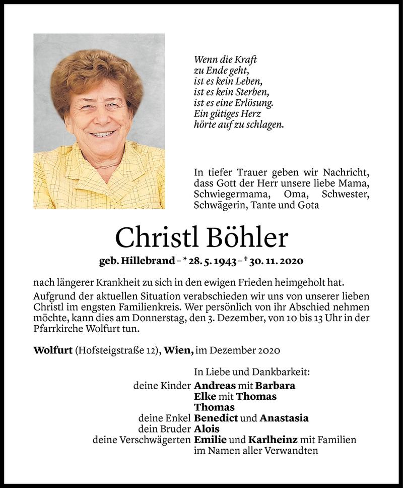  Todesanzeige für Christl Böhler vom 01.12.2020 aus Vorarlberger Nachrichten