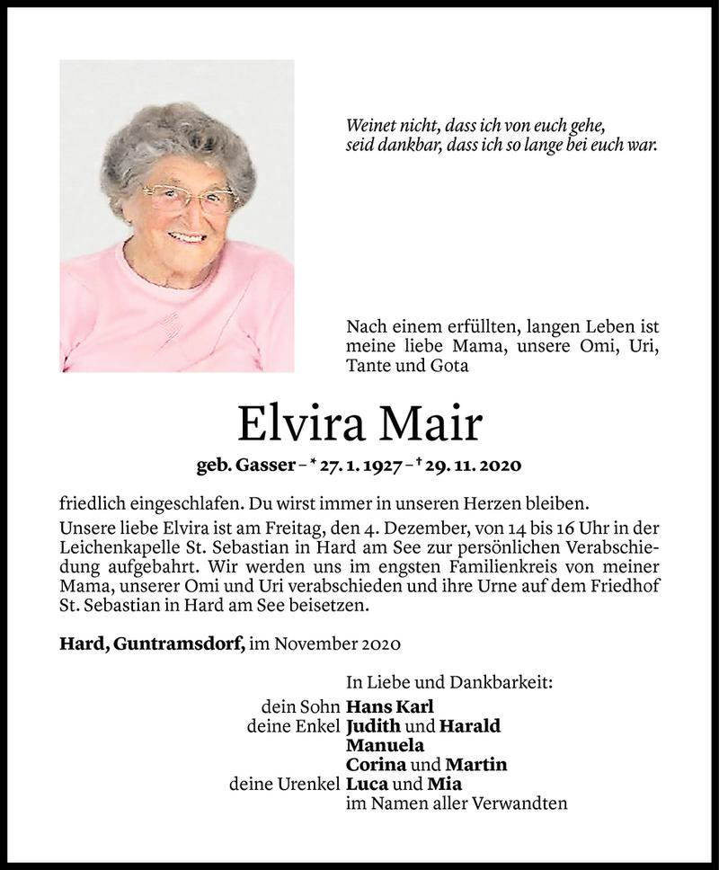  Todesanzeige für Elvira Mair vom 01.12.2020 aus Vorarlberger Nachrichten