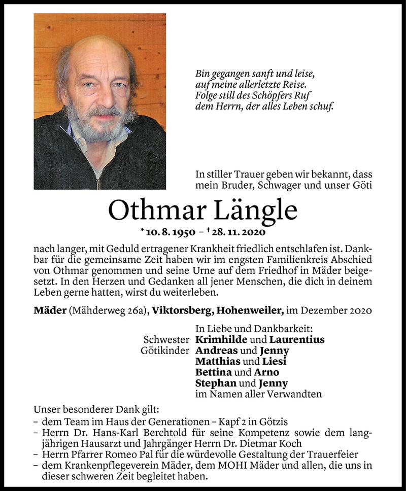  Todesanzeige für Othmar Längle vom 04.12.2020 aus Vorarlberger Nachrichten