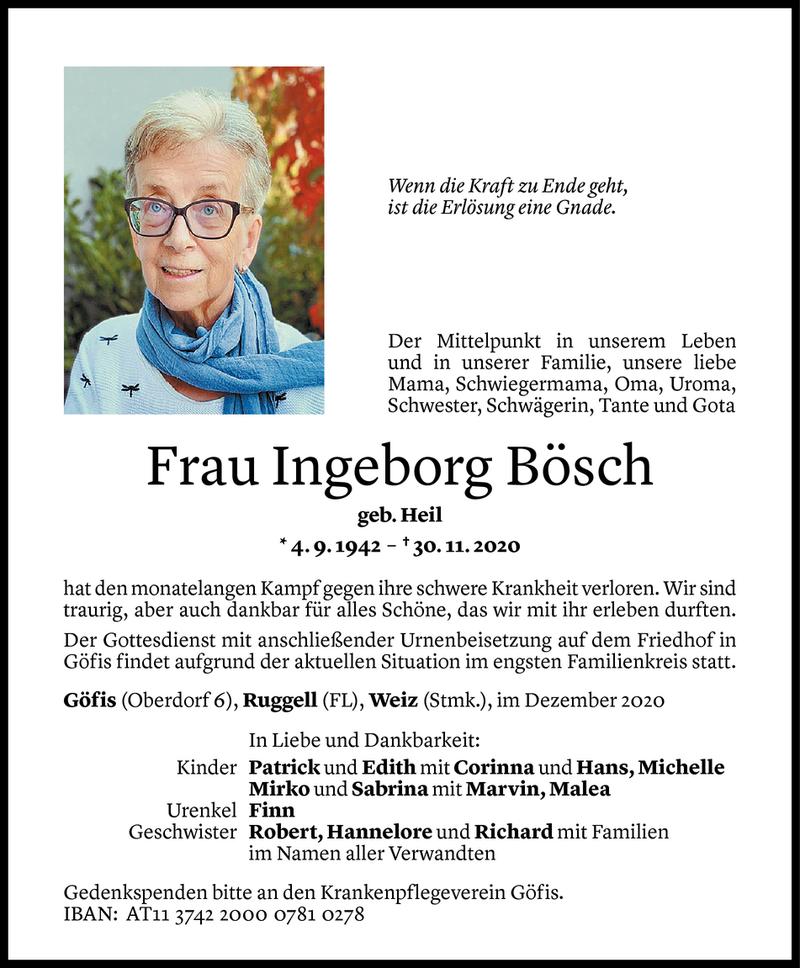  Todesanzeige für Ingeborg Bösch vom 03.12.2020 aus Vorarlberger Nachrichten