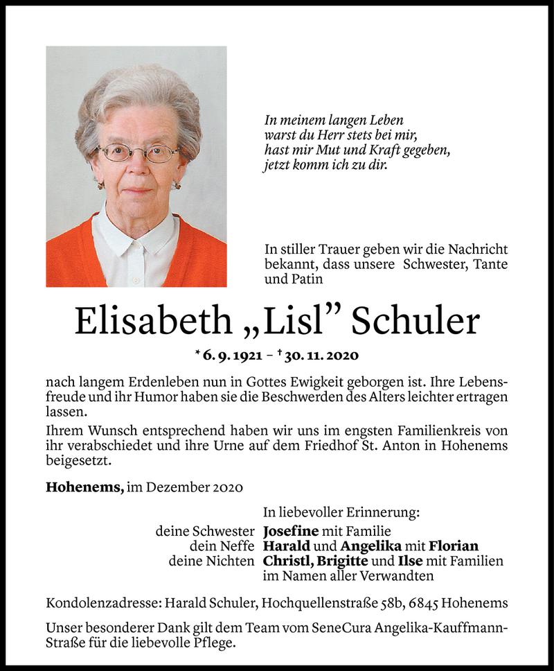  Todesanzeige für Elisabeth Schuler vom 04.12.2020 aus Vorarlberger Nachrichten