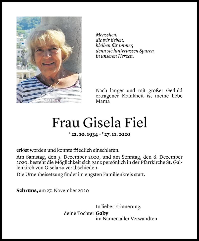  Todesanzeige für Gisela Fiel vom 01.12.2020 aus Vorarlberger Nachrichten