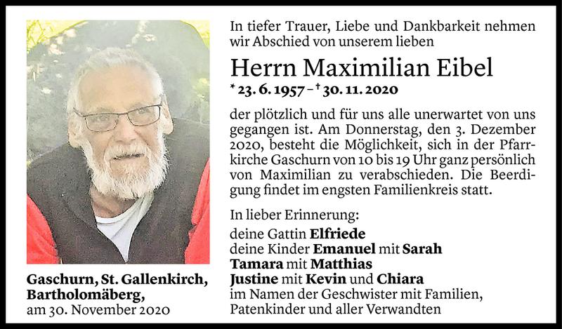  Todesanzeige für Maximilian Eibel vom 01.12.2020 aus Vorarlberger Nachrichten