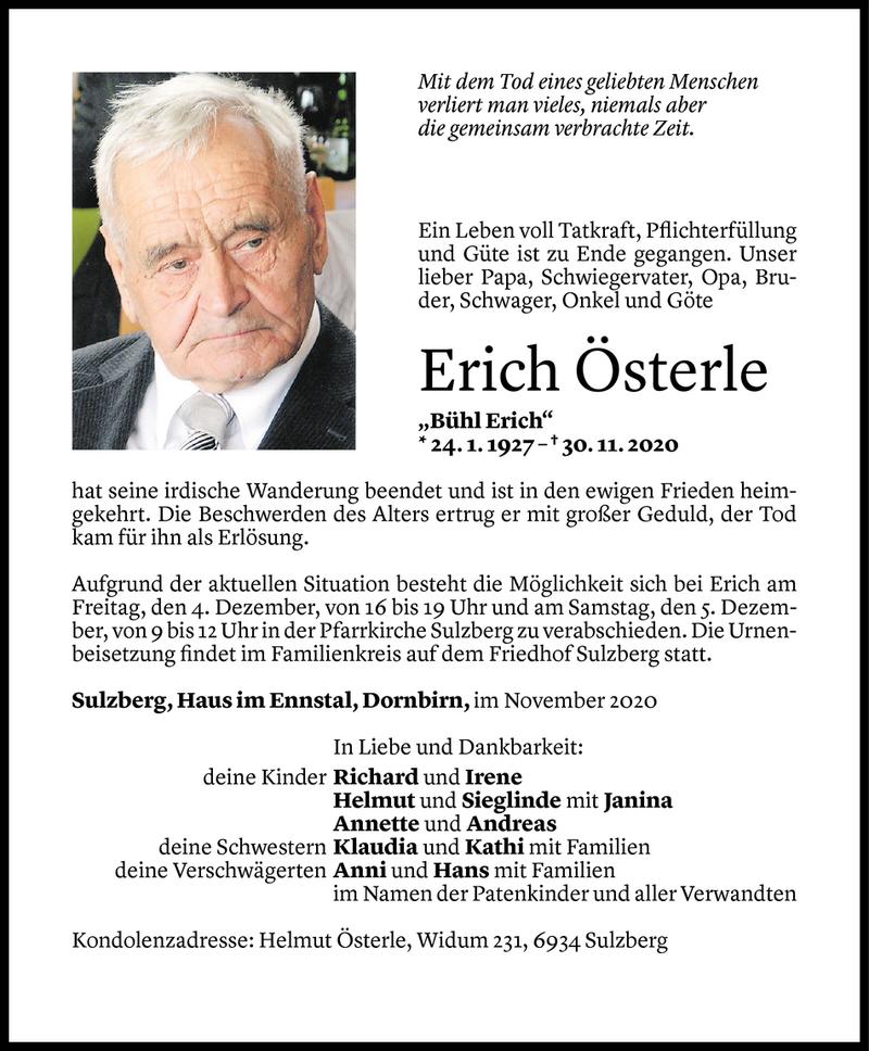  Todesanzeige für Erich Österle vom 02.12.2020 aus Vorarlberger Nachrichten