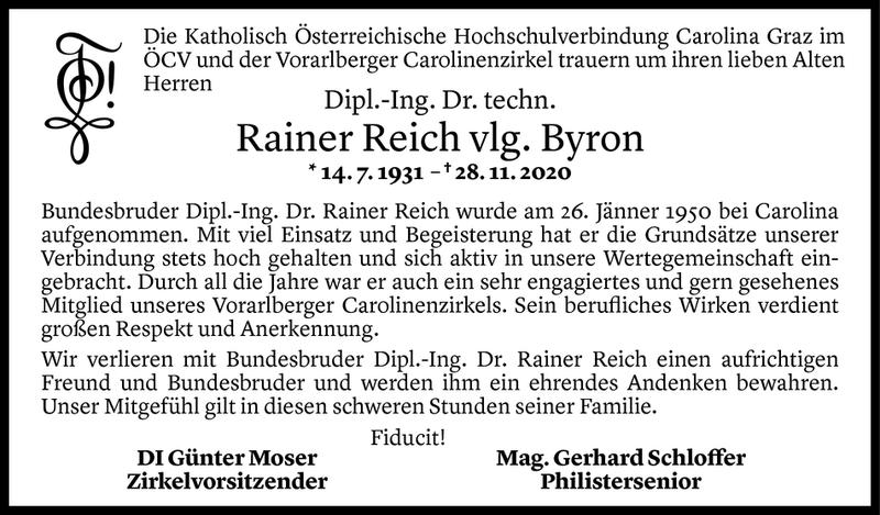  Todesanzeige für Rainer Reich vom 02.12.2020 aus Vorarlberger Nachrichten