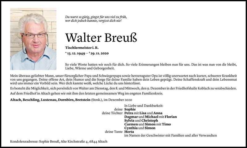  Todesanzeige für Walter Breuß vom 05.12.2020 aus Vorarlberger Nachrichten