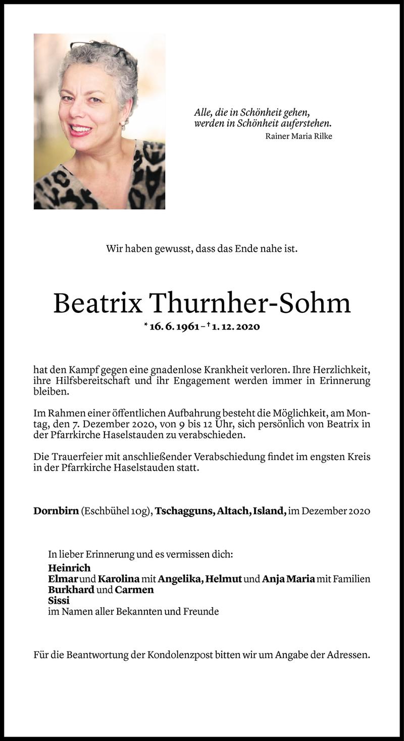  Todesanzeige für Beatrix Thurnher-Sohm vom 03.12.2020 aus Vorarlberger Nachrichten