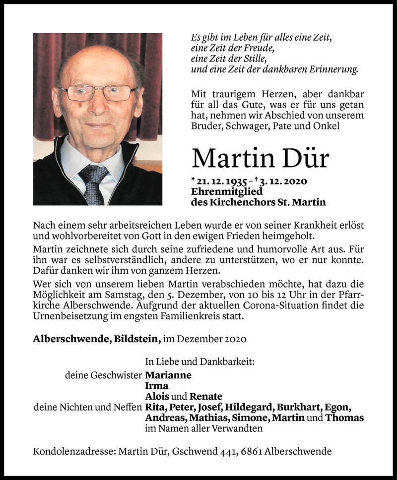  Todesanzeige für Martin Dür vom 03.12.2020 aus Vorarlberger Nachrichten