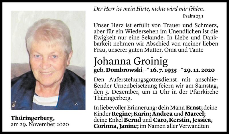  Todesanzeige für Johanna Groinig vom 03.12.2020 aus Vorarlberger Nachrichten