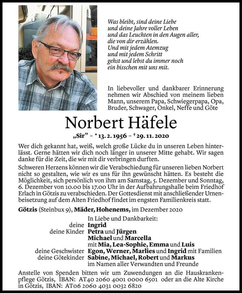 Todesanzeige für Norbert Häfele vom 04.12.2020 aus Vorarlberger Nachrichten