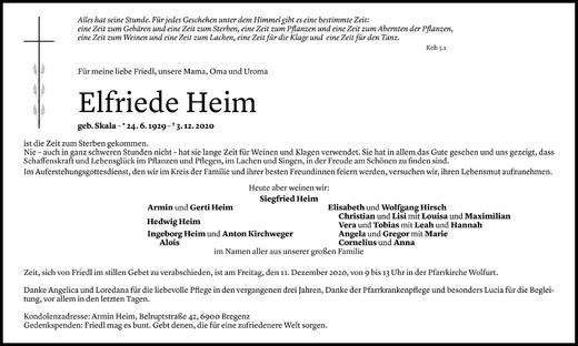 Todesanzeige von Elfriede Heim von Vorarlberger Nachrichten