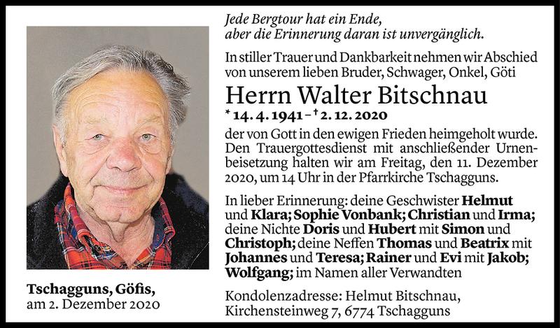  Todesanzeige für Walter Bitschnau vom 08.12.2020 aus Vorarlberger Nachrichten