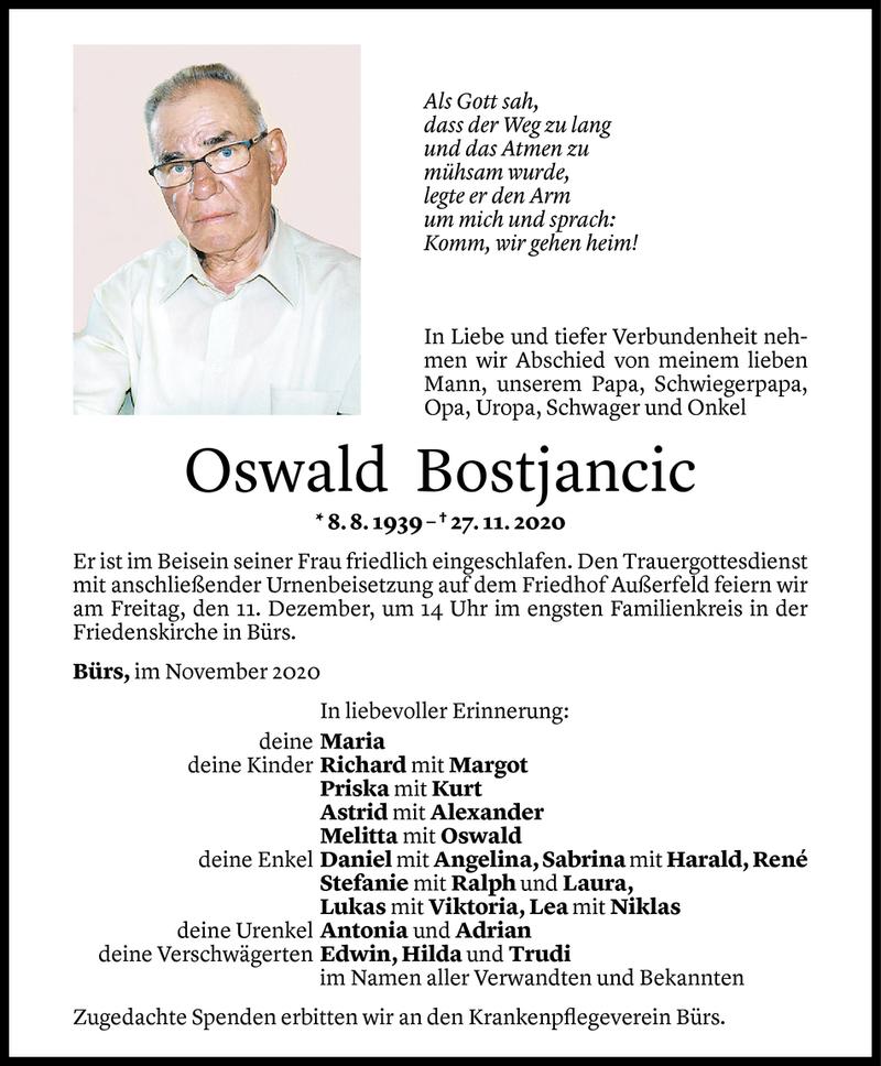  Todesanzeige für Oswald Bostjancic vom 09.12.2020 aus Vorarlberger Nachrichten