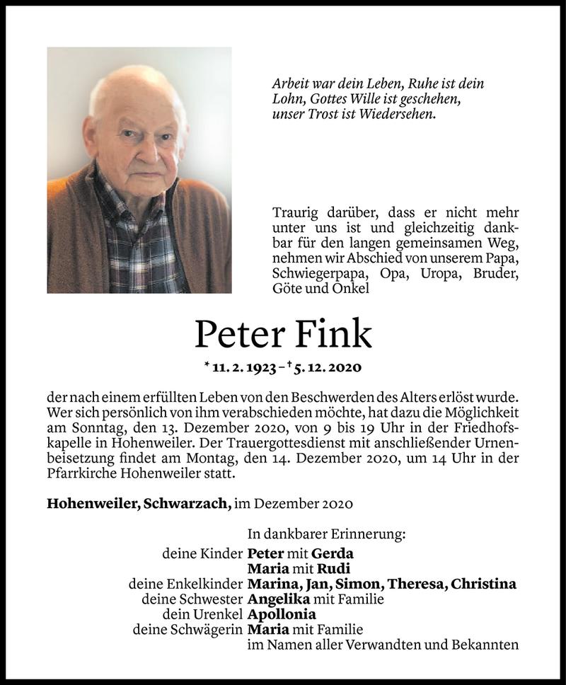  Todesanzeige für Peter Fink vom 09.12.2020 aus Vorarlberger Nachrichten