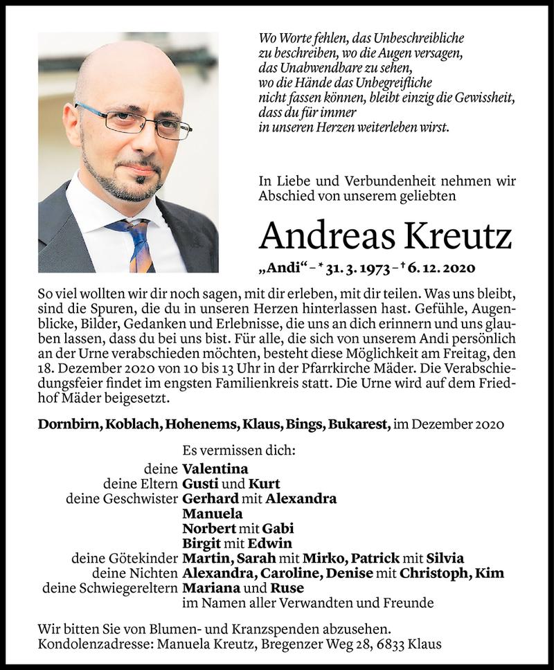  Todesanzeige für Andreas Kreutz vom 12.12.2020 aus Vorarlberger Nachrichten