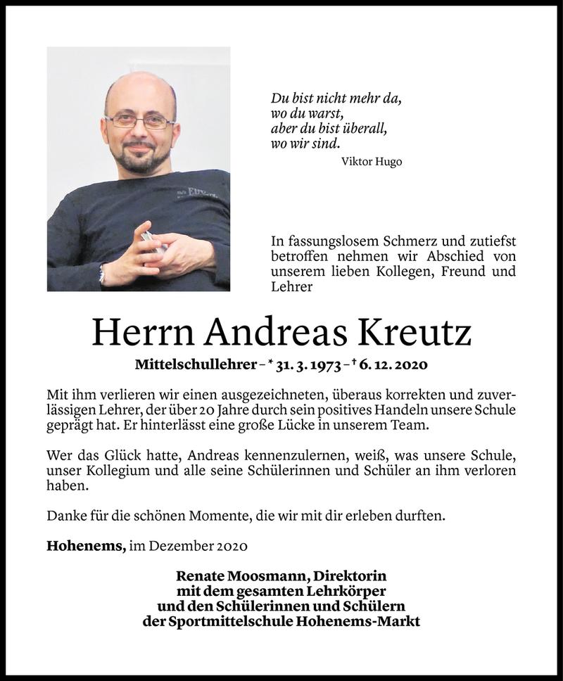  Todesanzeige für Andreas Kreutz vom 12.12.2020 aus Vorarlberger Nachrichten