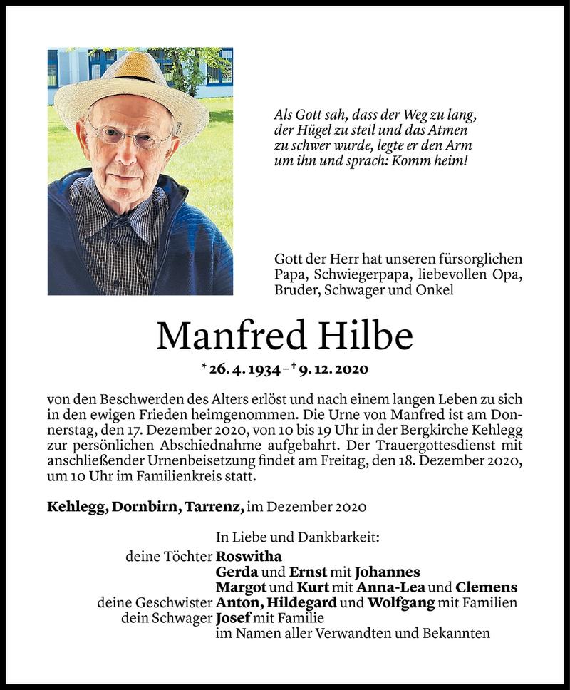  Todesanzeige für Manfred Hilbe vom 16.12.2020 aus Vorarlberger Nachrichten