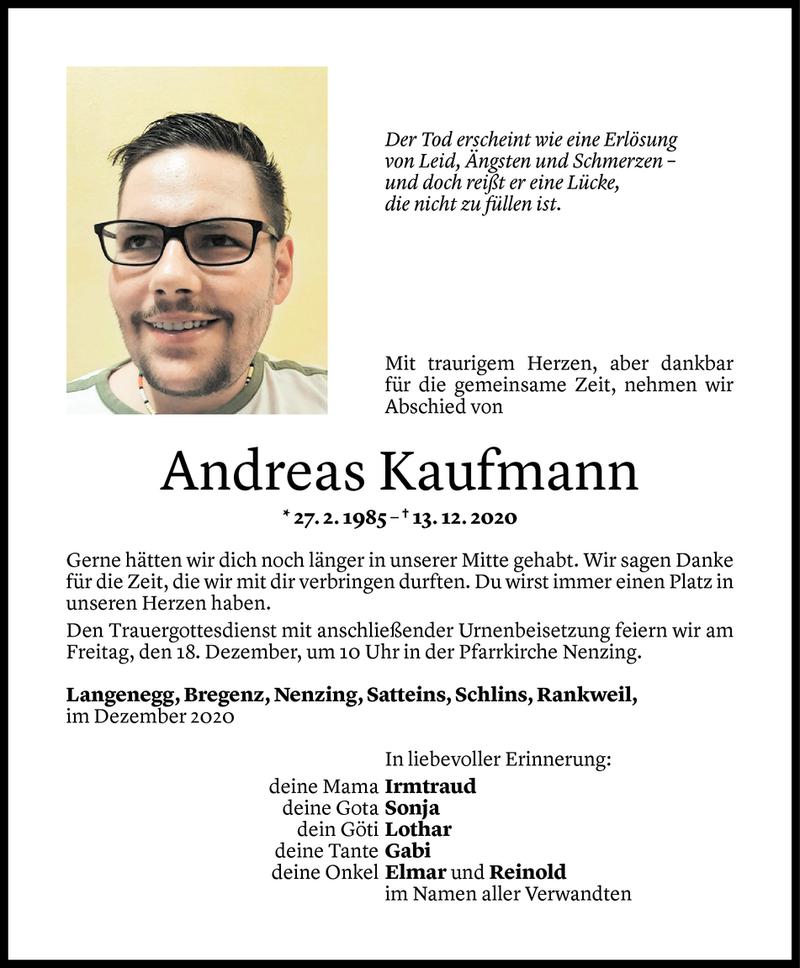  Todesanzeige für Andreas Kaufmann vom 17.12.2020 aus Vorarlberger Nachrichten