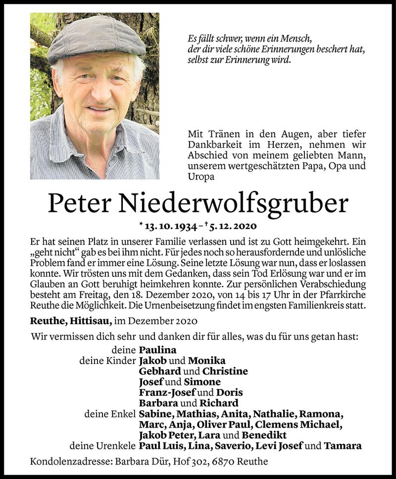  Todesanzeige für Peter Niederwolfsgruber vom 15.12.2020 aus Vorarlberger Nachrichten
