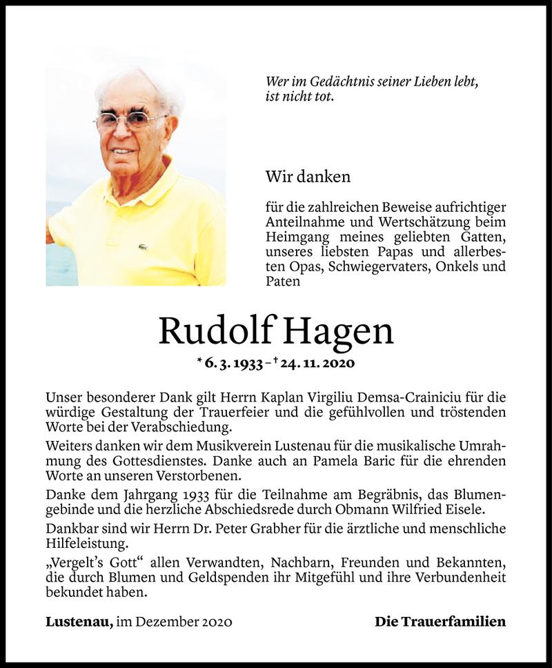  Todesanzeige für Rudolf Hagen vom 15.12.2020 aus Vorarlberger Nachrichten