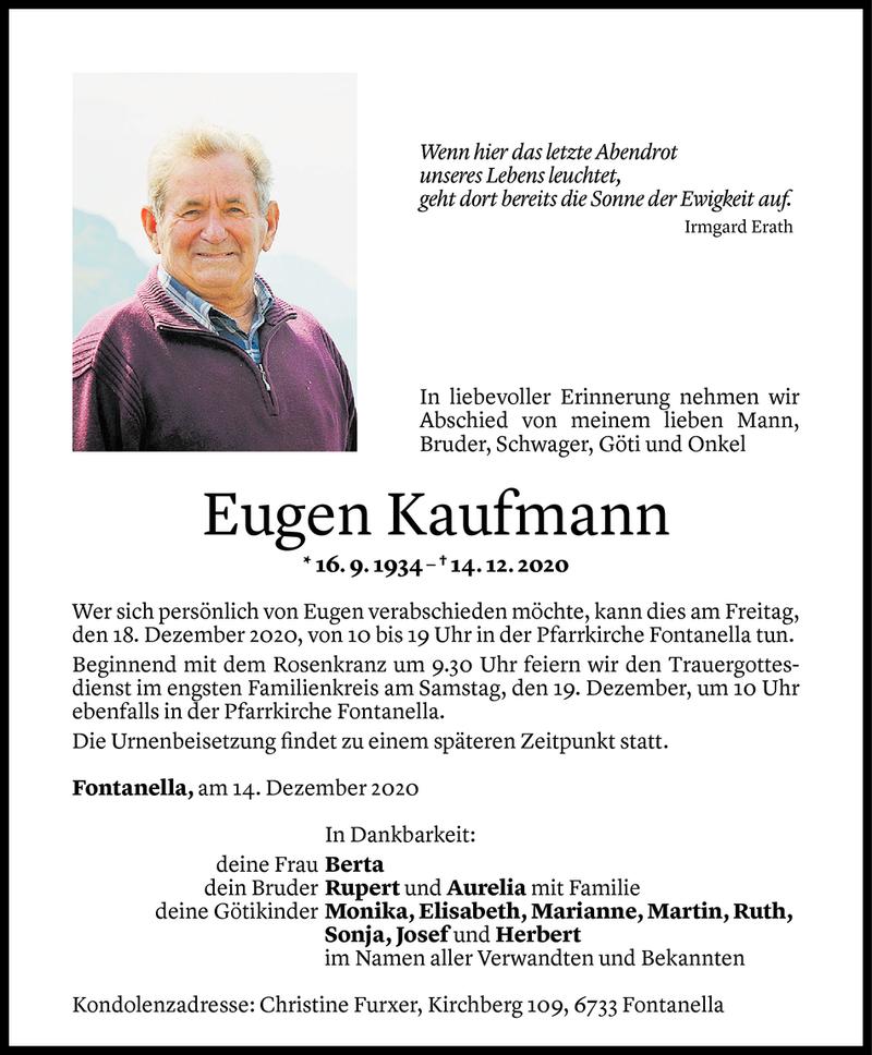  Todesanzeige für Eugen Kaufmann vom 16.12.2020 aus Vorarlberger Nachrichten