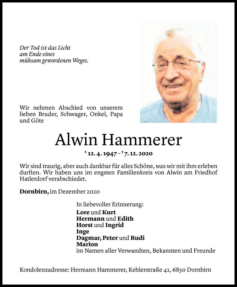  Todesanzeige für Alwin Hammerer vom 17.12.2020 aus Vorarlberger Nachrichten