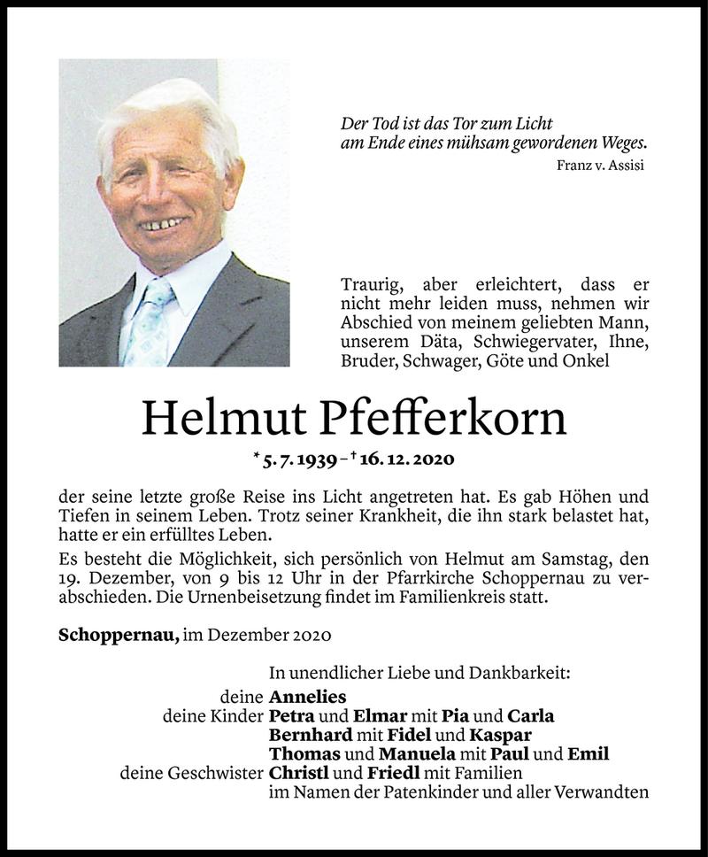  Todesanzeige für Helmut Pfefferkorn vom 17.12.2020 aus Vorarlberger Nachrichten
