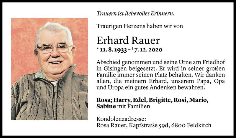 Todesanzeige für Erhard Rauer vom 21.12.2020 aus Vorarlberger Nachrichten