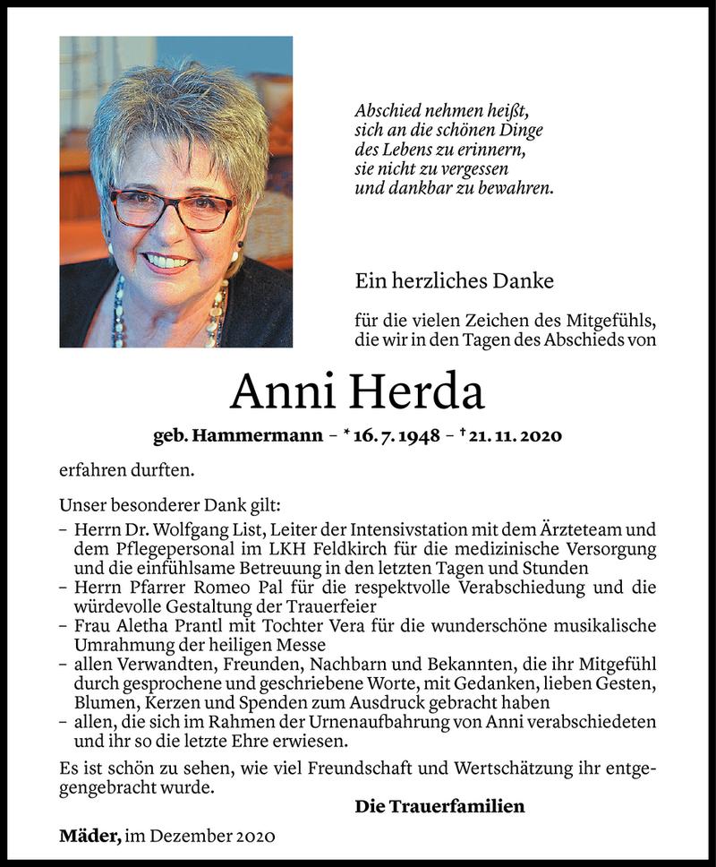  Todesanzeige für Anni Herda vom 19.12.2020 aus Vorarlberger Nachrichten