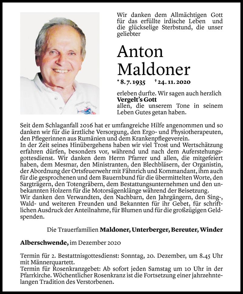  Todesanzeige für Anton Maldoner vom 17.12.2020 aus Vorarlberger Nachrichten