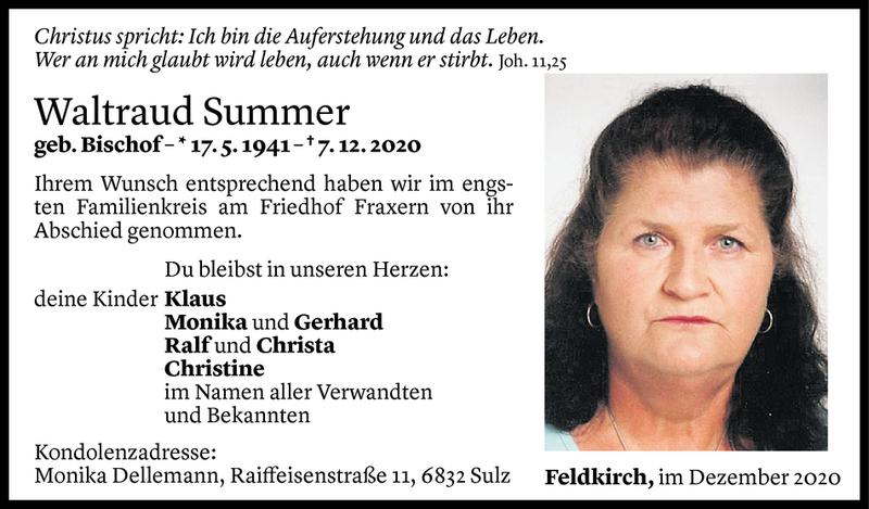  Todesanzeige für Waltraud Summer vom 19.12.2020 aus Vorarlberger Nachrichten