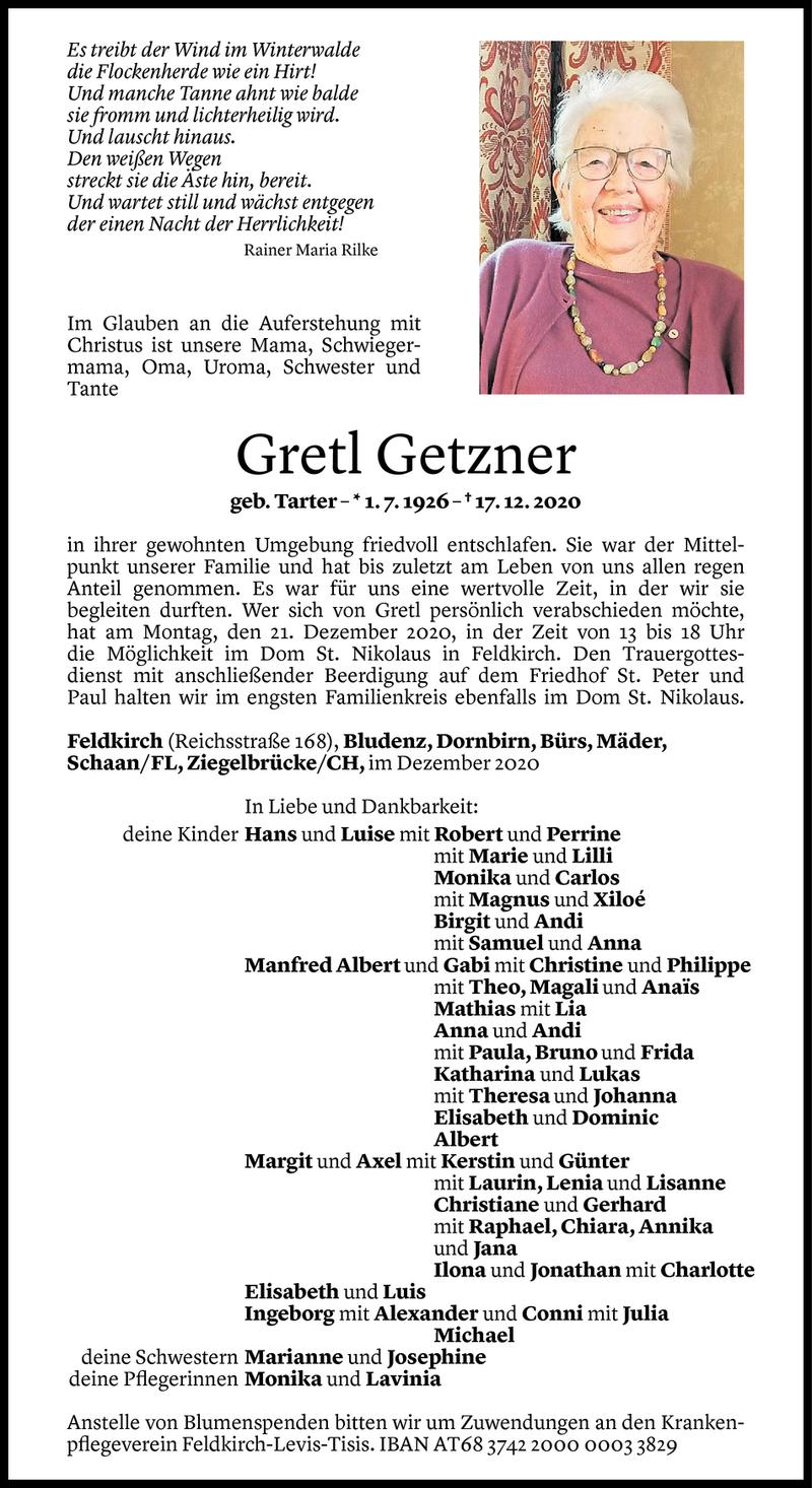  Todesanzeige für Gretl Getzner vom 19.12.2020 aus Vorarlberger Nachrichten