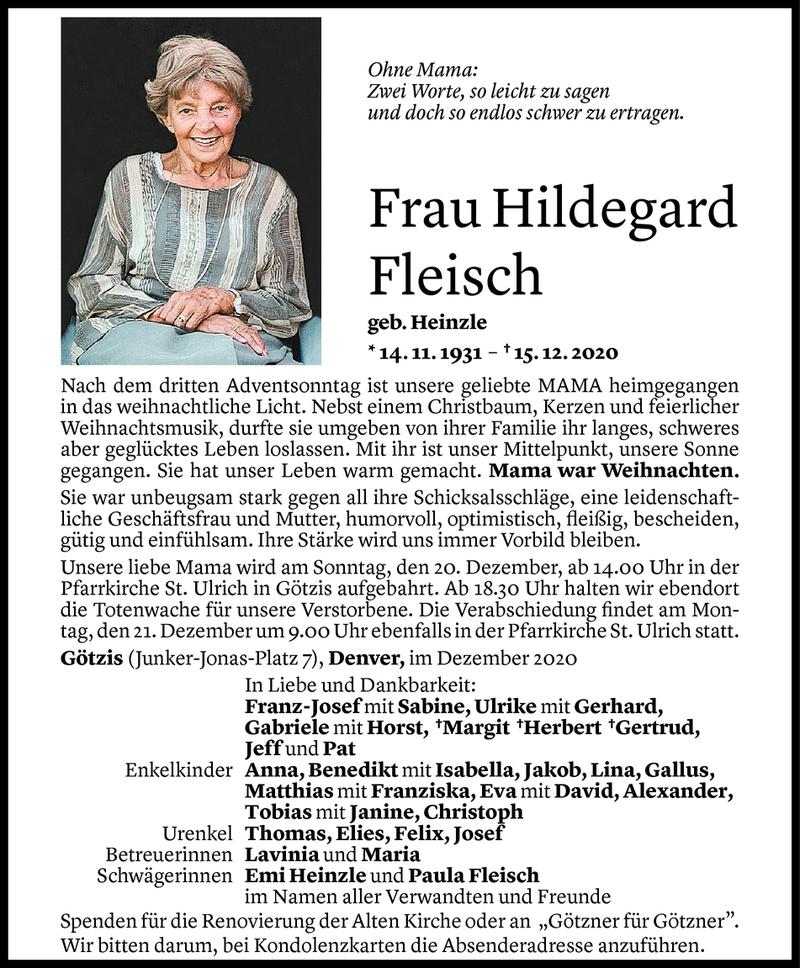  Todesanzeige für Hildegard Fleisch vom 19.12.2020 aus Vorarlberger Nachrichten
