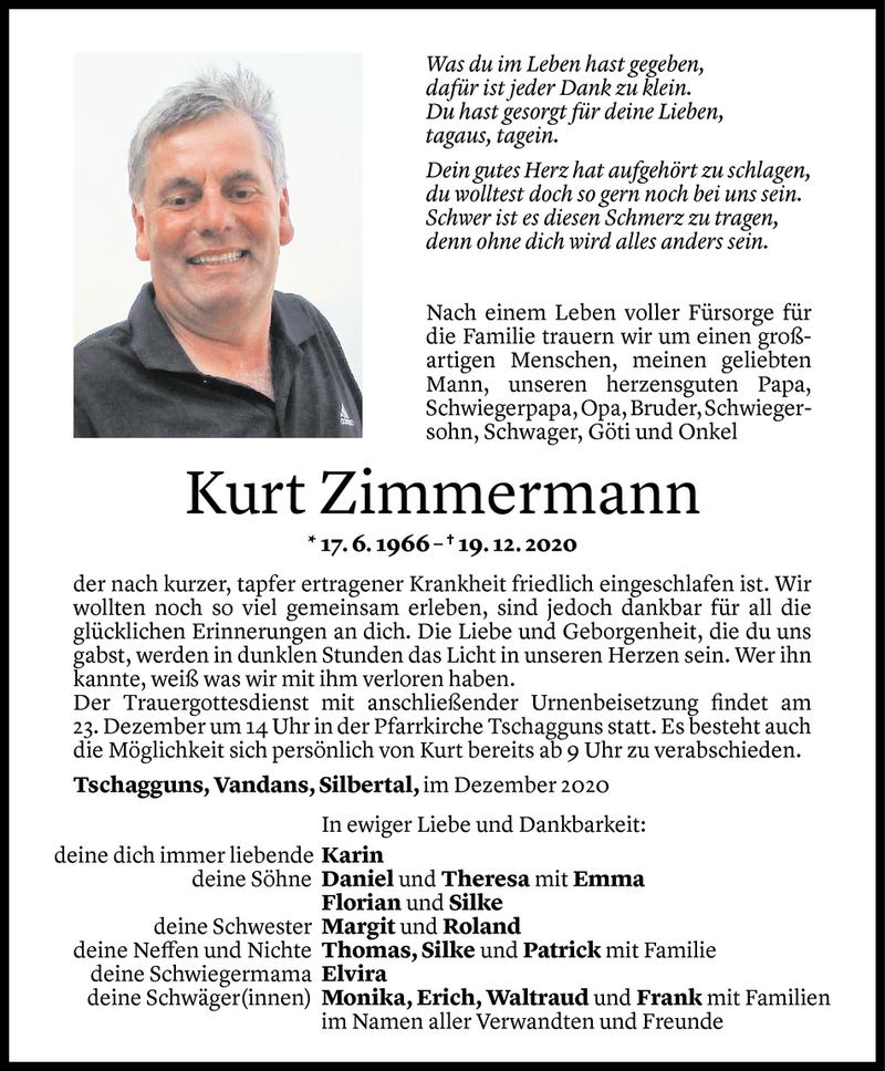  Todesanzeige für Kurt Zimmermann vom 20.12.2020 aus Vorarlberger Nachrichten
