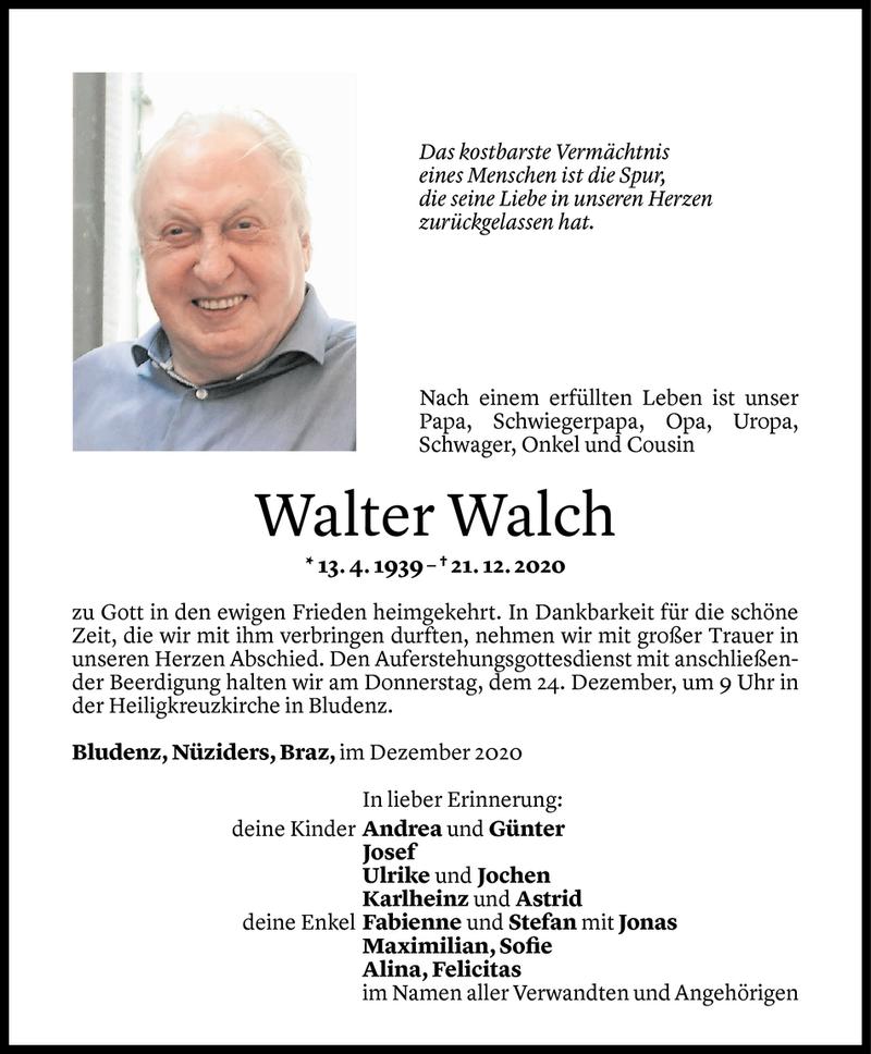  Todesanzeige für Walter Walch vom 23.12.2020 aus Vorarlberger Nachrichten
